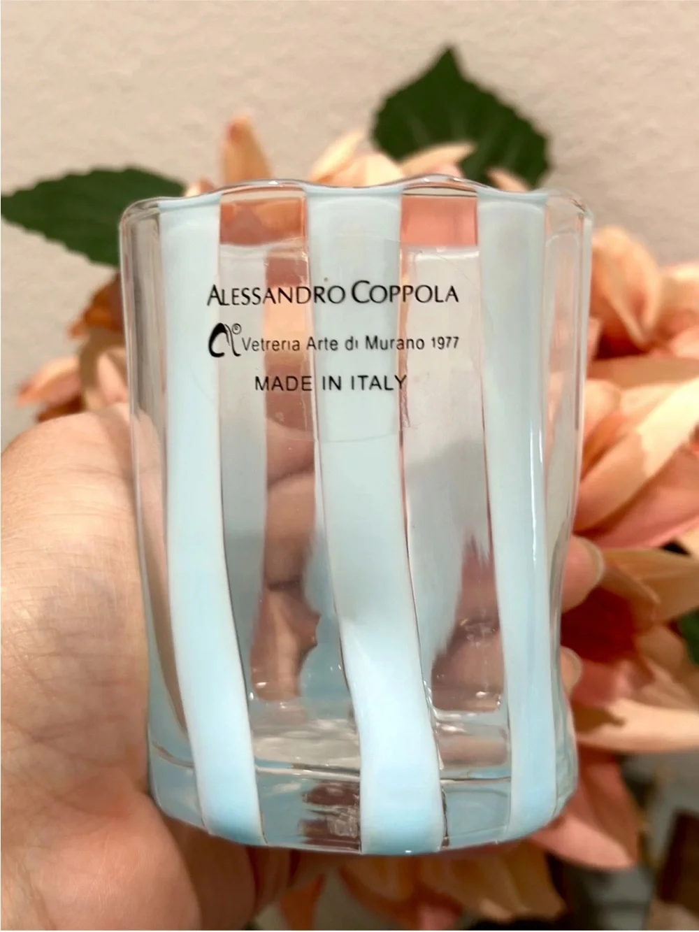 Alessandro Coppola Murano Blue Striped Drinking Glass Tumbler Indented Set of 6